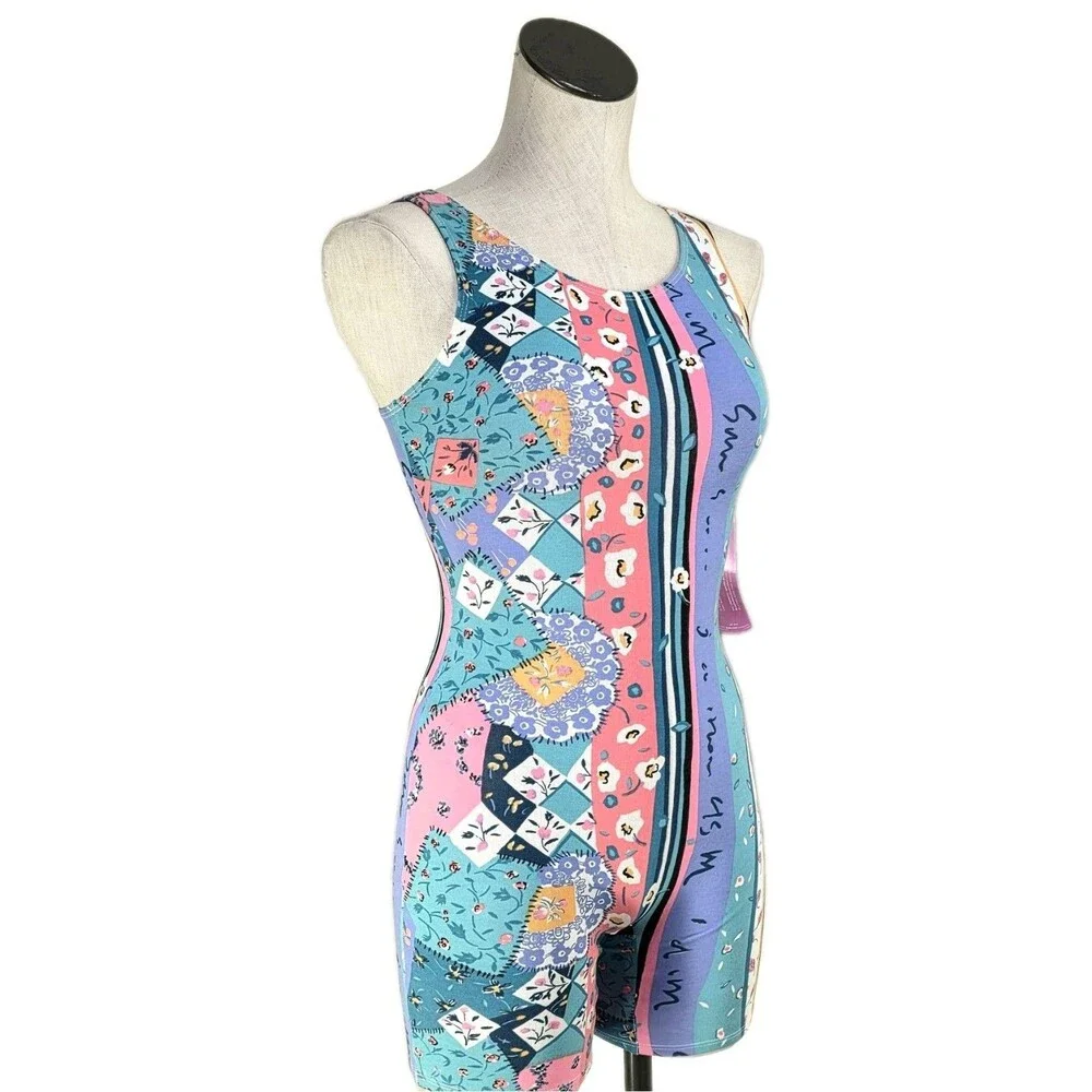 Gilda Marx Kid VTG 80s Pastel Patchwork Cotton Biketard Unitard Open Back Size L